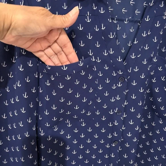 Express Portofino Blue Button Down Shirt Semi Sheer Nautical Anchor Size Large - Picture 5 of 10